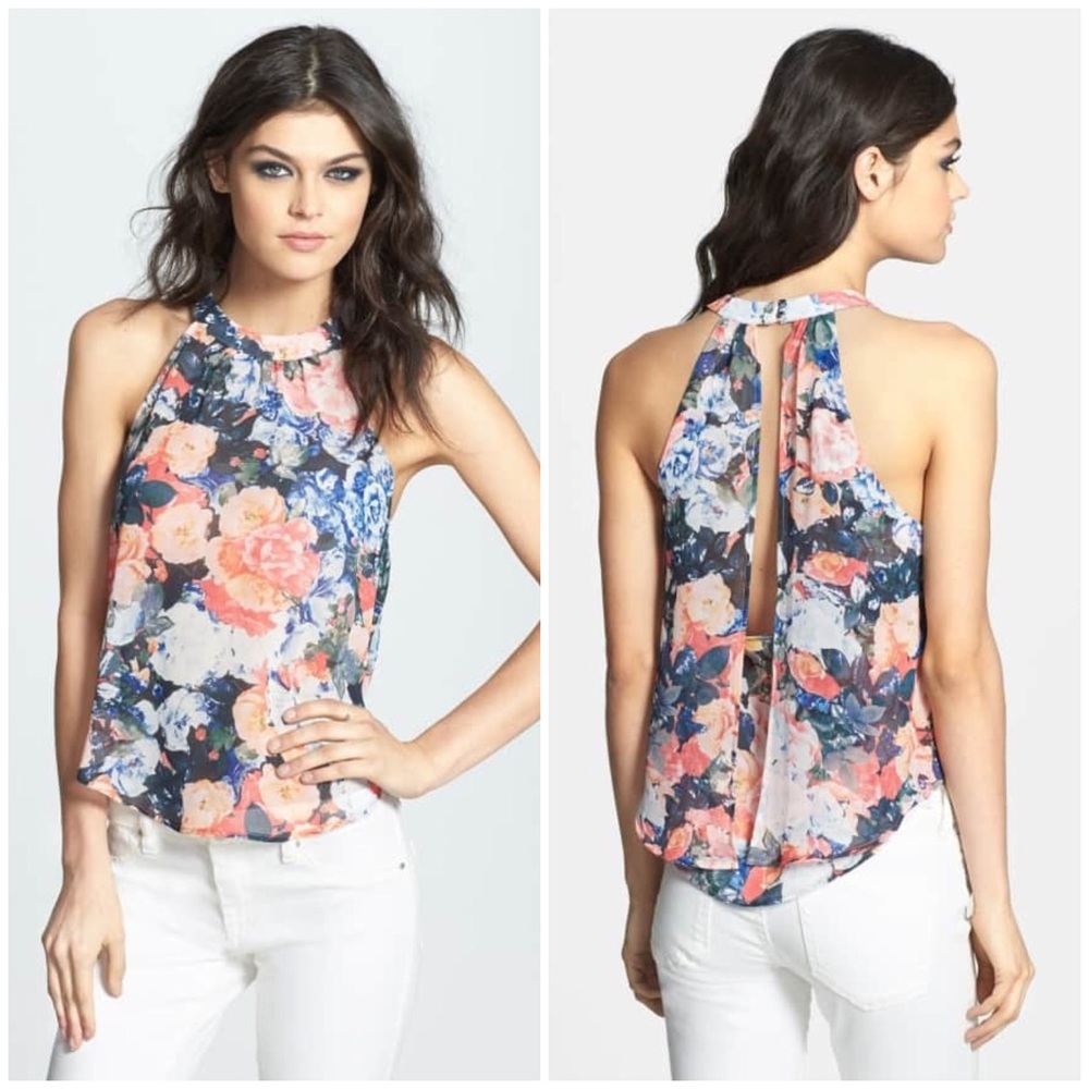 ASTR Drape Back Floral Print Sheer Chiffon Tank S
